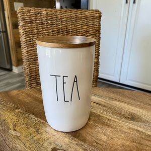 Rae Dunn Tea Container with natural wood lid.
